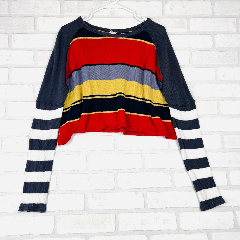 We The Free Striped Cropped Long Sleeve Top Red Grey Yellow Navy White Size‎ S